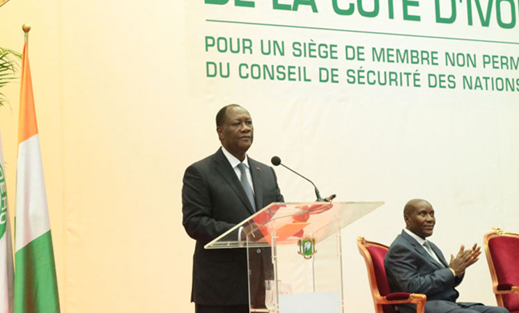 Discours de S.E.M. Alassane OUATTARA, lors de la cérémonie officielle de lancement de la campagne de la Côte d'Ivoire à un siège de membre non permanent du Conseil de sécurité de l'ONU